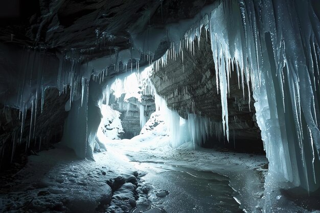 A mesmerizing ice cave Frosty Glistening Ice Crystals Ethereal Icicles Hanging