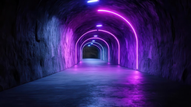 A mesmerizing illuminated tunnel featuring vibrant pink and blue neon lights perfect for creating a futuristic atmosphere