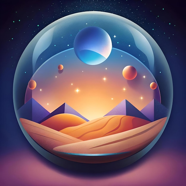 Photo a mesmerizing illustration of a desert landscape encased in a glass sphere adorned with a starry sky and distant planets