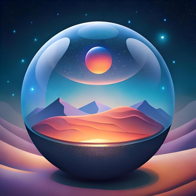 A mesmerizing illustration of a desert landscape encased within a glowing orb floating against a starry night sky