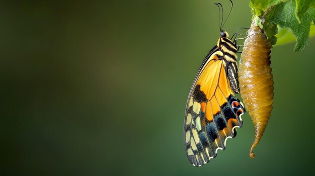 Photo a mesmerizing image of a butterfly emerging from its chrysalis the scene captures the transformation and the beauty of the newly emerged butterfly in its natural setting