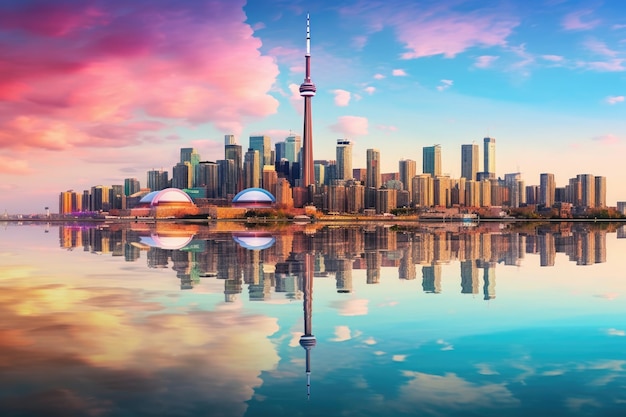 A mesmerizing image capturing the reflection of a city skyline in the calm and tranquil waters Toronto City Skyline Reflection AI Generated