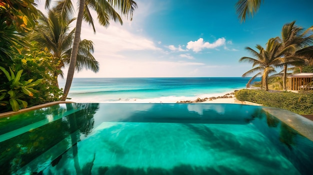 A mesmerizing image of a luxurious infinity pool perfectly blending with the surrounding beach landscape and tropical greenery