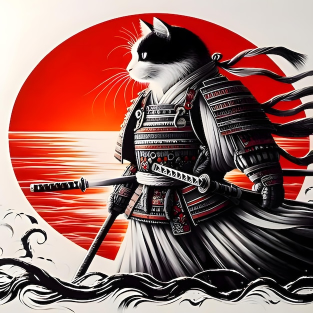 A mesmerizing ink art masterpiece showcases a samurai warrior cat in profile meticulously crafted w