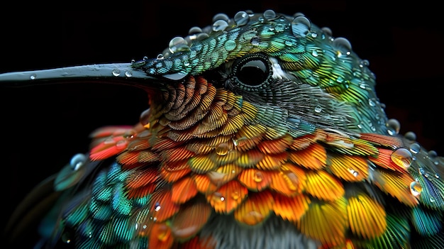 Mesmerizing Iridescent Hummingbird Feathers with Shimmering Water Droplets