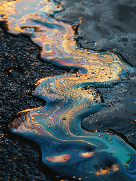 Mesmerizing iridescent oil slick detailed view contrasting vividly against a shadowy water background