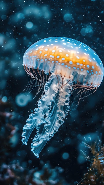 A mesmerizing jellyfish floating gracefully in ocean depths