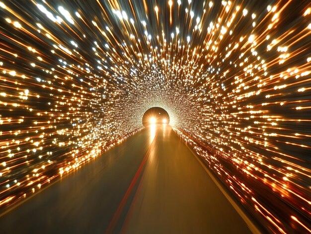 Mesmerizing journey through a tunnel of shimmering lights and vibrant colors evoking a futuristic and ethereal experience of speed and light in a cosmic passage