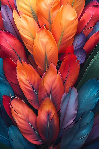 A mesmerizing kaleidoscope of feathers in vibrant hues representing the beauty of a tropical bird of paradise