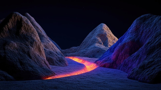 A mesmerizing landscape featuring glowing lava flowing through dark textured mountains under a dramatic night sky