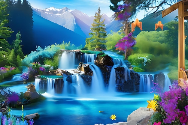 Mesmerizing landscape with waterfalls cascade down the mountainside