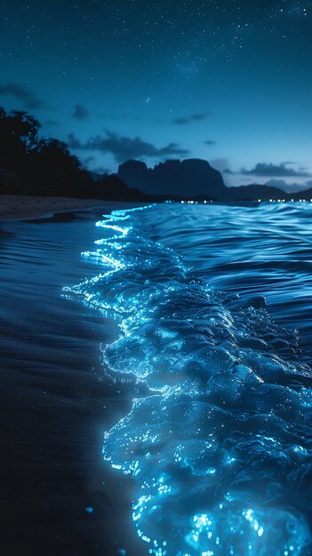 Photo mesmerizing long exposure photography of bioluminescent waves crashing against the shore