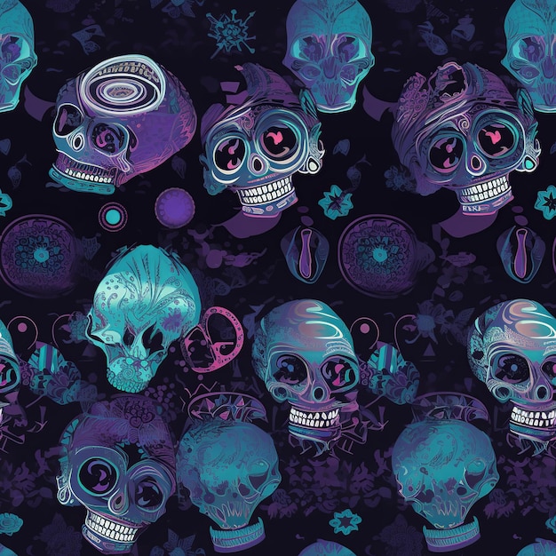 Mesmerizing maximalist pattern with blue and purple skulls on black inspired by Day of the Dead