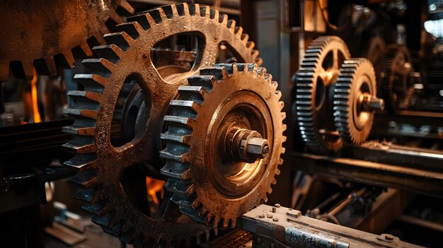 Photo mesmerizing mechanical gears and cogs in an industrial factory setting