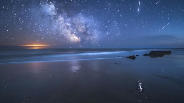 Mesmerizing Meteor Shower Over Tranquil Coastal Landscape with Starry Reflections