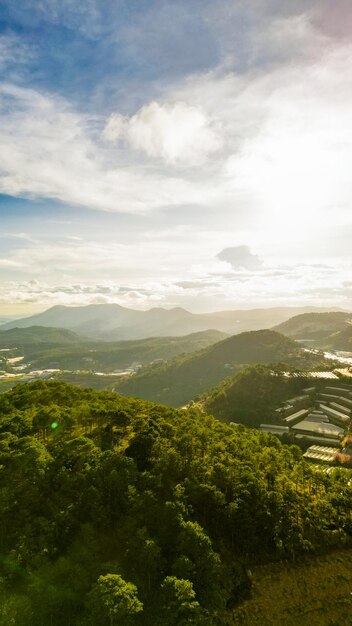 Mesmerizing Mountain Skyline HDR Shot of Da Lat City Vietnam with Stunning Blue Sky and Majestic Mountains on the Horizon