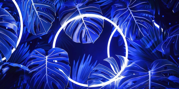 Photo mesmerizing neon jungle blue tropical leaves with glowing circle minimalistic