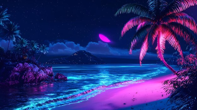 Photo mesmerizing neonlit tropical beach nightscape with glowing palm trees and bioluminescent waves