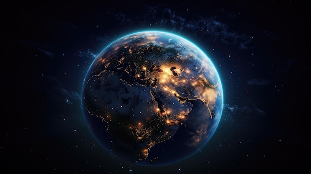 a mesmerizing night globe with city lights illuminating the Earth's surface vividly represent human activity on our planet drawing inspiration from NASA's iconic elements