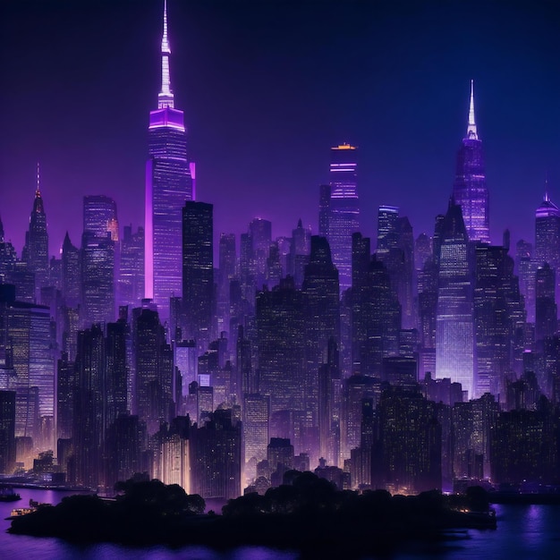 A mesmerizing night scene featuring the iconic Manhattan Midtown skyline of New York City