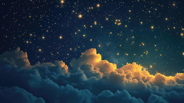 A Mesmerizing Night Sky Golden Stars and Clouds Illuminating the Dark Blue Expanse