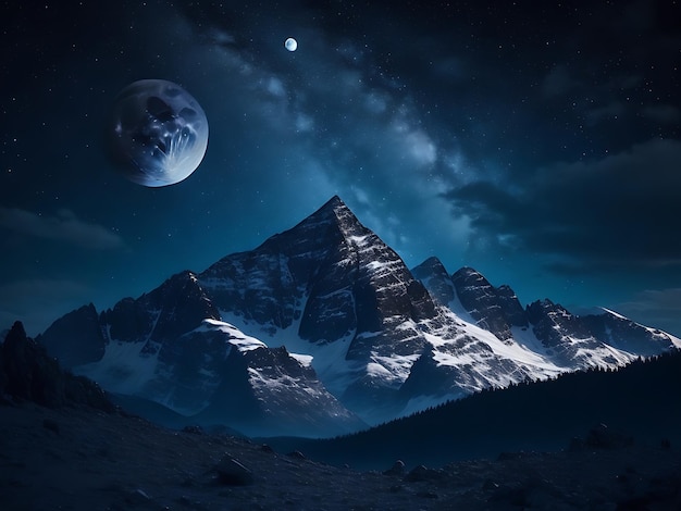 a mesmerizing night sky with a blanket of stars a full moon and a silhouette of a mountain range