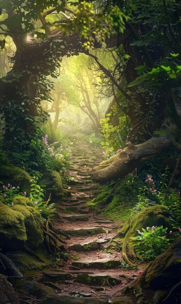 Photo a mesmerizing photo of an enchanting pathway winding through a magical forest