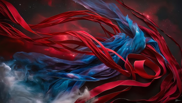 A mesmerizing photograph of ethereal Crimson and royal abstract blue ribbons