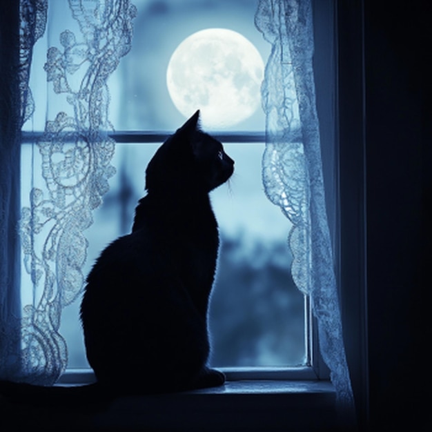 A mesmerizing photograph of a sleek black cat sitting gracefully on a windowsill