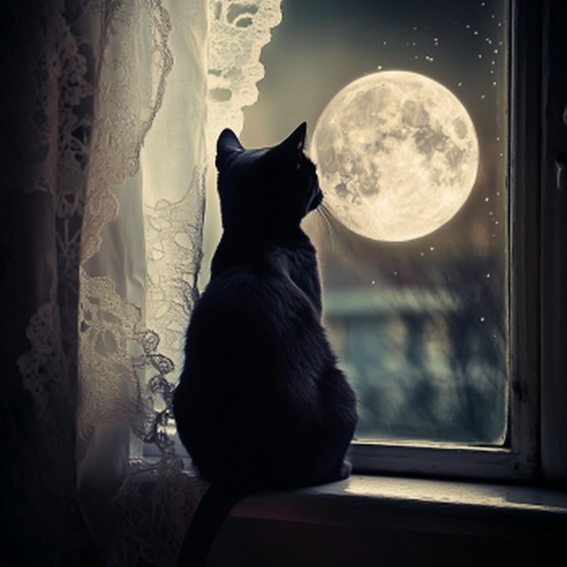 A mesmerizing photograph of a sleek black cat sitting gracefully on a windowsill