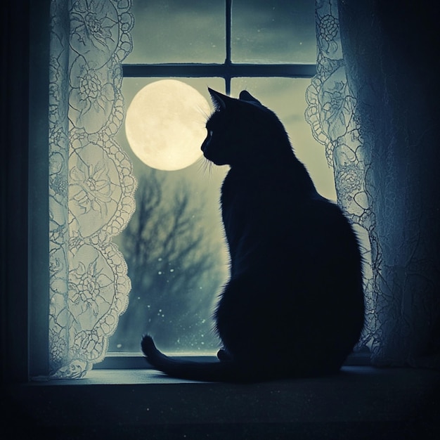 A mesmerizing photograph of a sleek black cat sitting gracefully on a windowsill