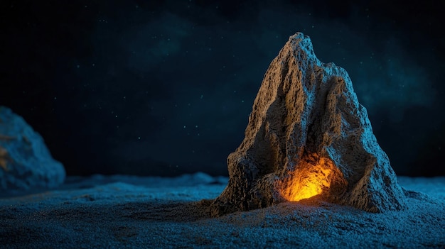 A mesmerizing rocky formation illuminated by warm light creating a serene and mystical atmosphere in a dark setting