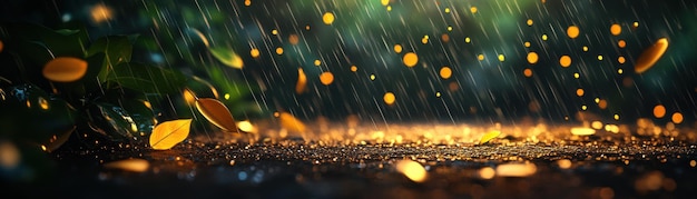 Photo a mesmerizing scene of falling autumn leaves illuminated by soft rain droplets creating a magical an