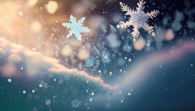 Mesmerizing scene of snowflakes drifting in the wind with soft colors and a dreamy Atmosphere