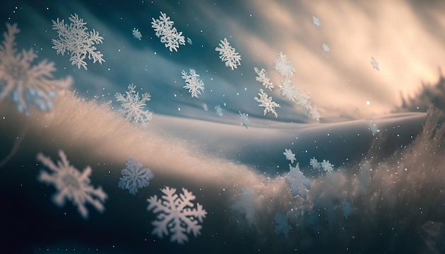 Mesmerizing scene of snowflakes drifting in the wind with soft colors and a dreamy Atmosphere