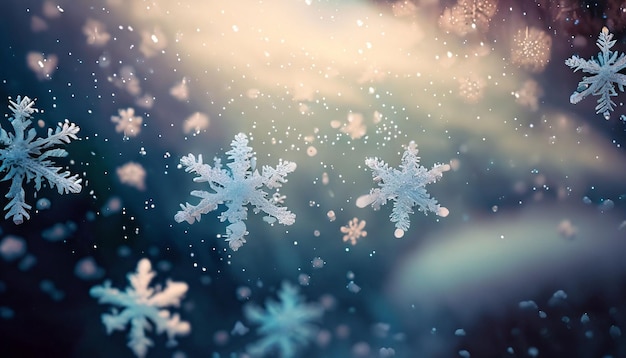 Mesmerizing scene of snowflakes drifting in the wind with soft colors and a dreamy Atmosphere