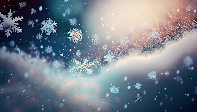 Mesmerizing scene of snowflakes drifting in the wind with soft colors and a dreamy Atmosphere