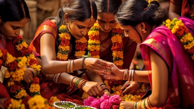 A mesmerizing scene of women adorning themselves with beautiful flowers as they prepare for the Teej