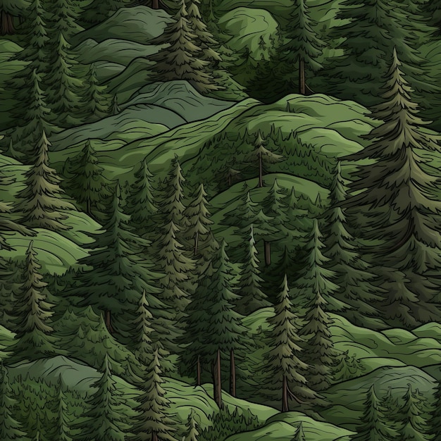 A mesmerizing seamless pattern featuring a breathtaking aerial view of a dense and vibrant forest