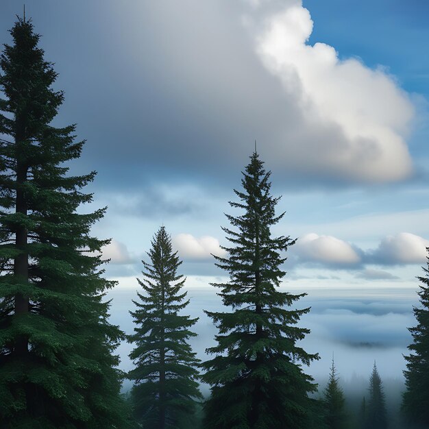 Photo mesmerizing shot of the evergreen fir trees under a scenic cloudy sky