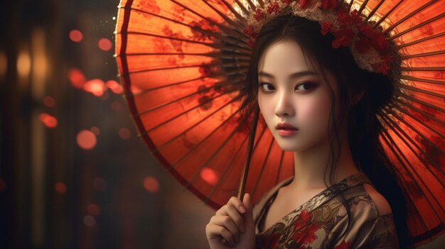 A mesmerizing shot of an oriental girl with a parasol her presence radiating a sense of grace and r