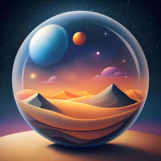 A mesmerizing stylized depiction of a desert landscape encased within a spherical glass orb revealing a world beyond with distant planets and a starry sky