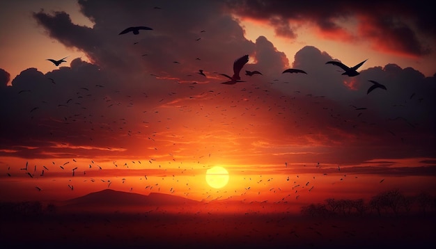 Mesmerizing sunset city skyline silhouetted with majestic flying birds