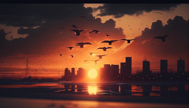 Mesmerizing sunset city skyline silhouetted with majestic flying birds