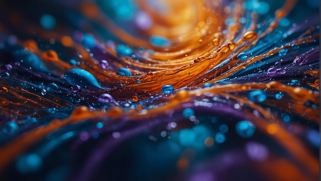 Mesmerizing swirls of orange blue and lavender inks create a vibrant abstract aquatic dreamscape