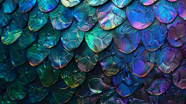 A mesmerizing tessellation of stylized fish scales their iridescent surfaces shimmering with shades of blue green and purple creating a dynamic and hypnotic effect