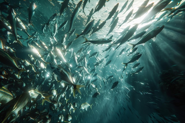 Photo a mesmerizing underwater scene showing a school of fish swimming beneath the ocean surface with sunlight filtering through the water