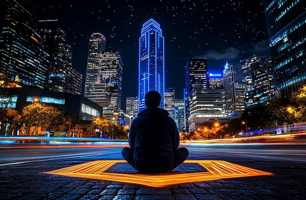 a mesmerizing urban night scene with a striking blend of motion and stillness A person sits on a bollard calmly observing the city