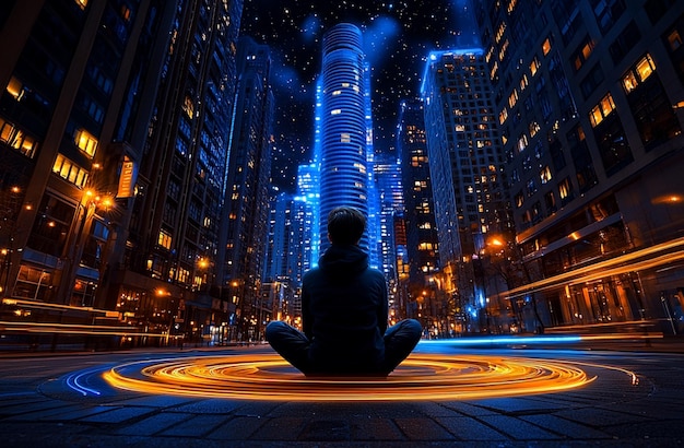 a mesmerizing urban night scene with a striking blend of motion and stillness A person sits on a bollard calmly observing the city