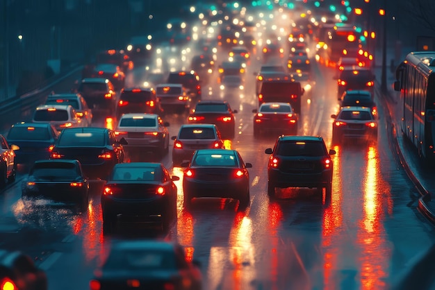 A Mesmerizing View of Cars During a Rainy Night Traffic Jam with Reflective Headlights